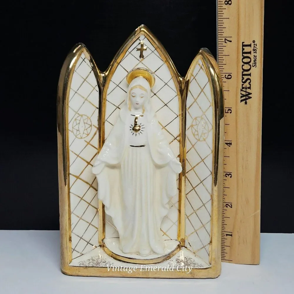 Vtg Geo Z Lefton 3D Virgin Mary Sculpture Wall Pocket Planter Ivory Gold Japan